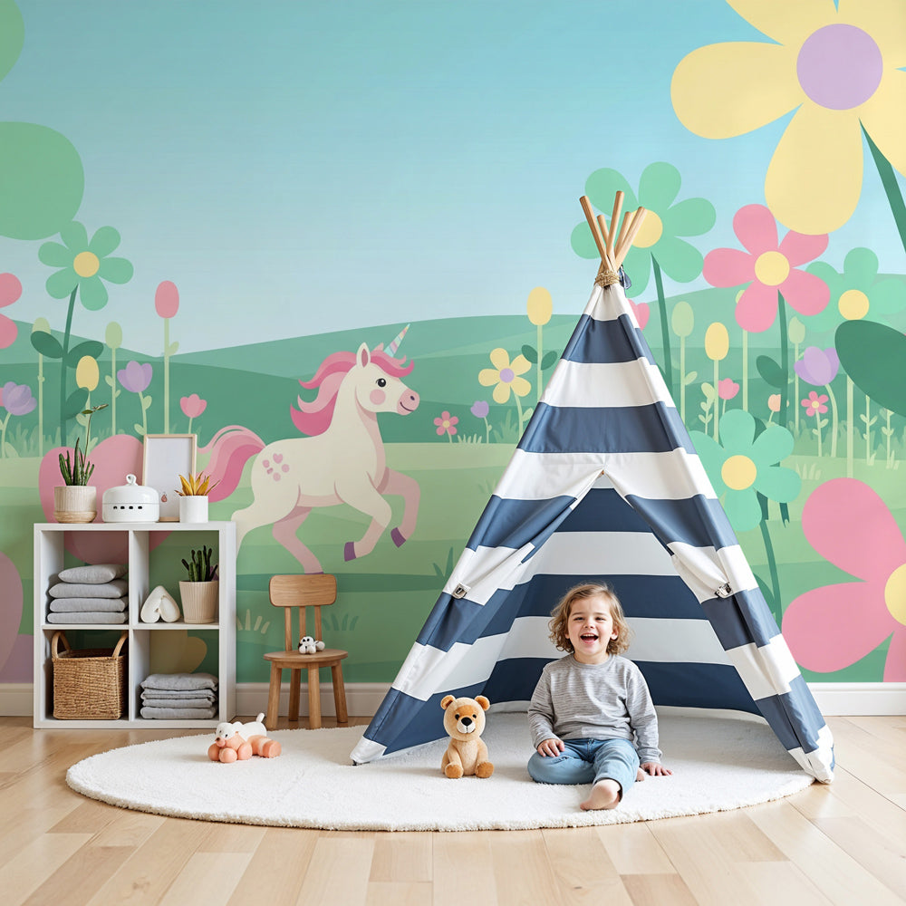 Unicorn garden mural wallpaper creating magical nursery decor with floral fantasy design by Kids-Mundo