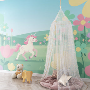 Fantasy unicorn garden wallpaper for children's playroom creating enchanting magical space by Kids-Mundo