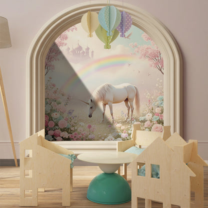 Kids-Mundo garden window unicorn mural styled in a romantic kids bedroom setting