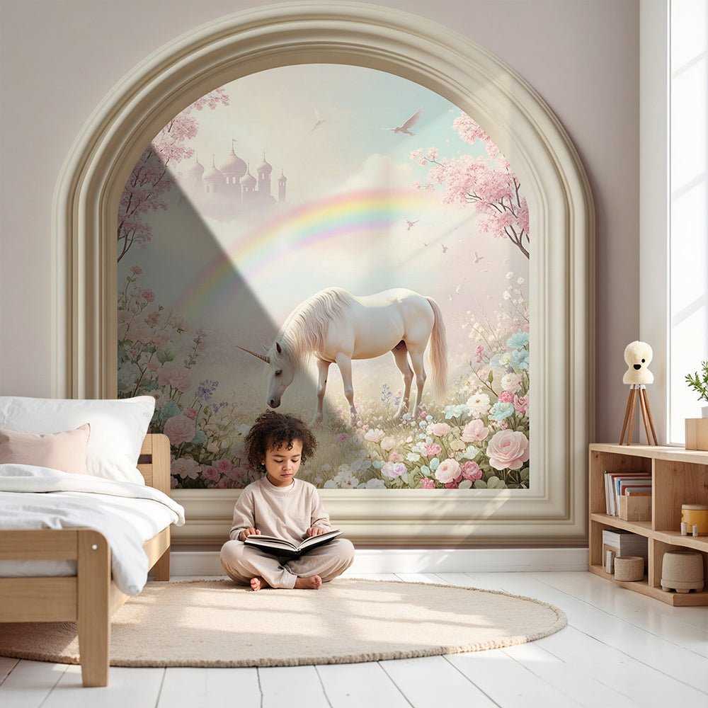 Kids-Mundo unicorn garden window wall mural made to measure for a soft baby nursery