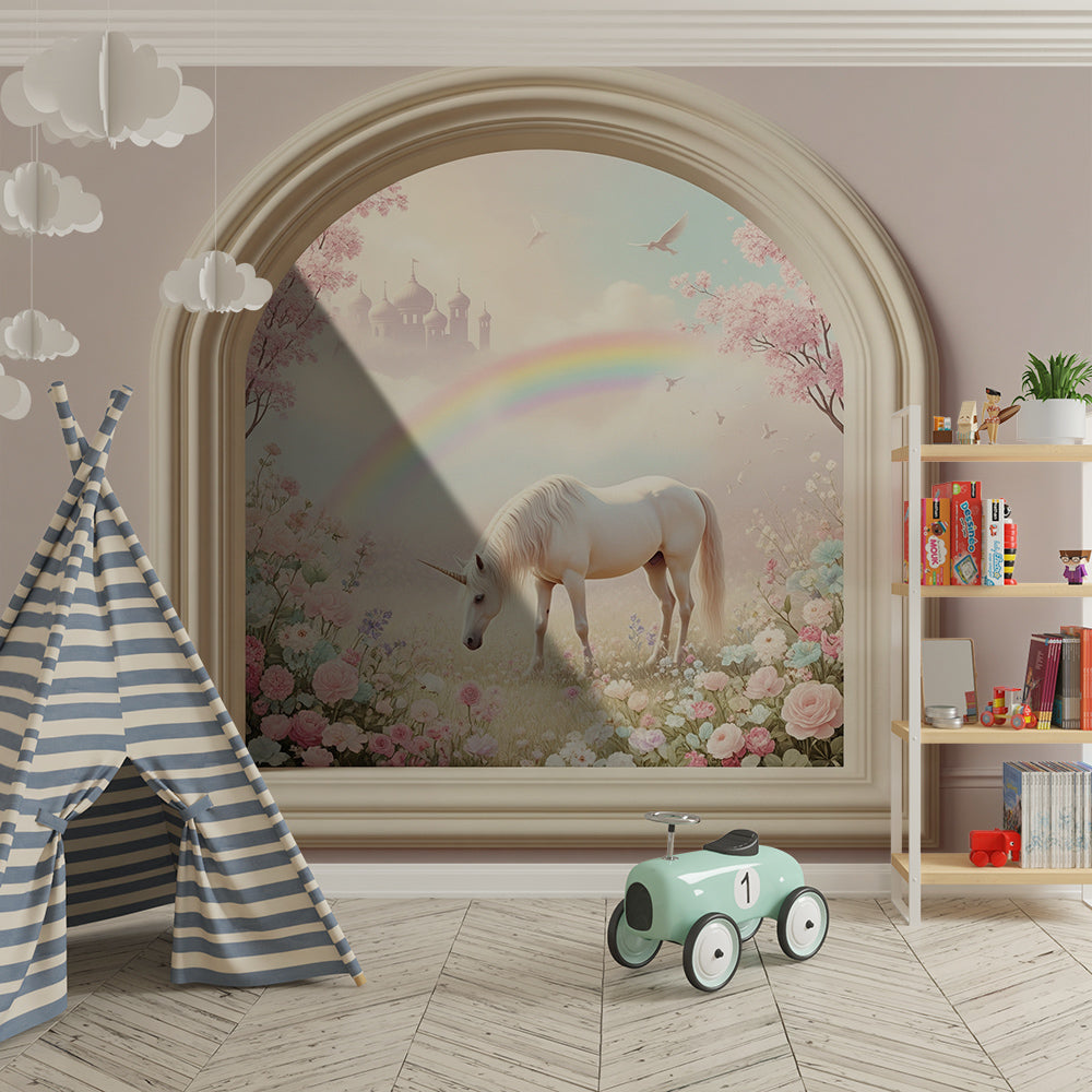 Kids-Mundo unicorn garden window wallpaper mural brightening a dreamy children's playroom