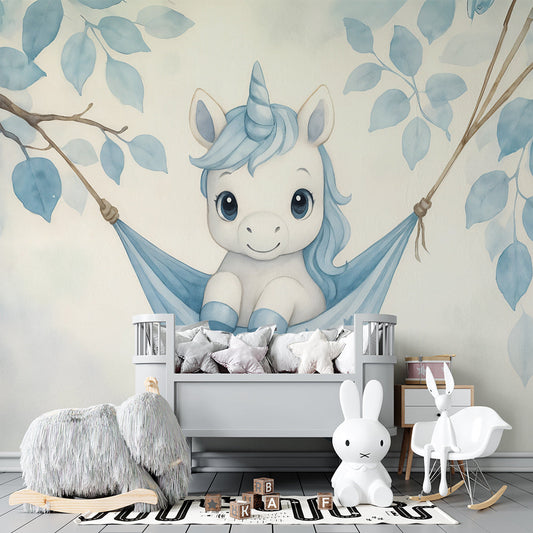 Baby unicorn wall mural by Kids-Mundo installed on a feature wall in a child's bedroom.