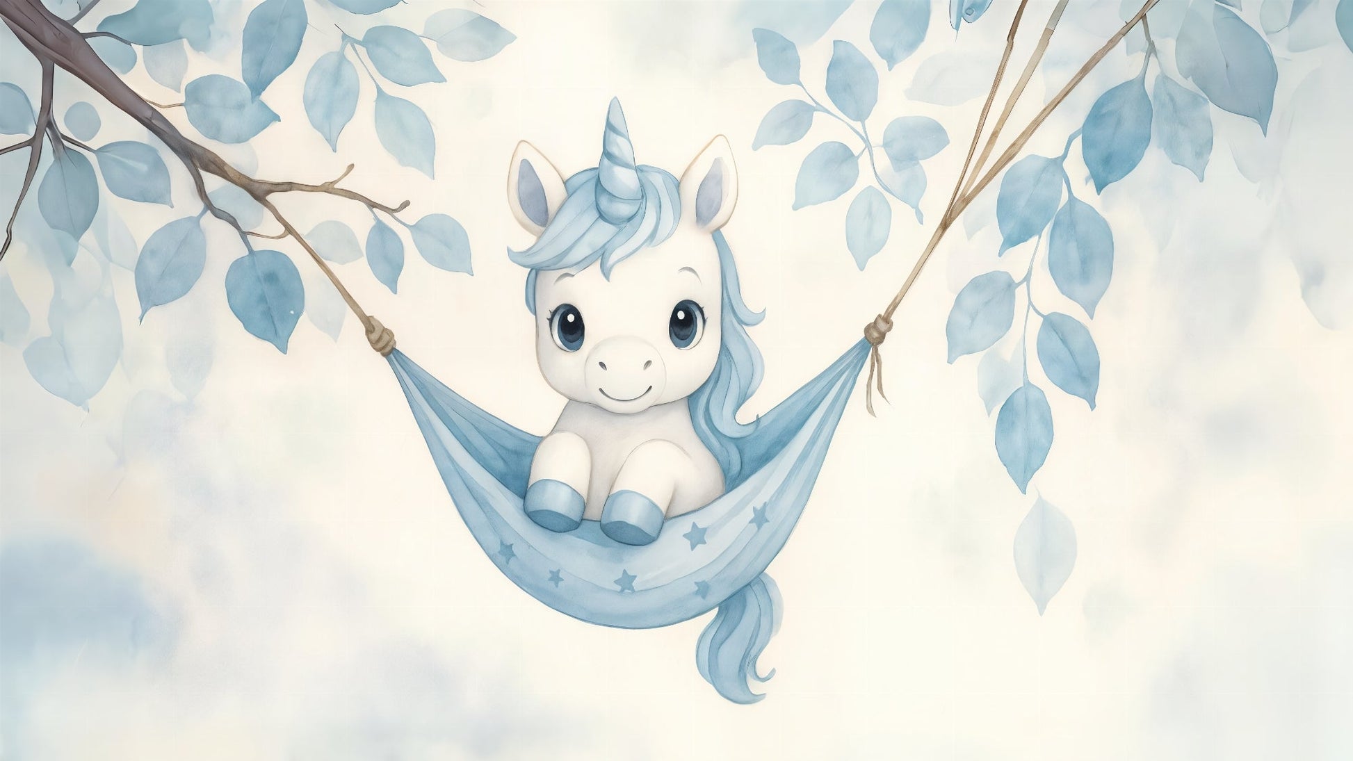 Flat artwork preview of the Kids-Mundo baby unicorn hammock wall mural in watercolour.