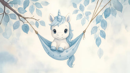 Flat artwork preview of the Kids-Mundo baby unicorn hammock wall mural in watercolour.