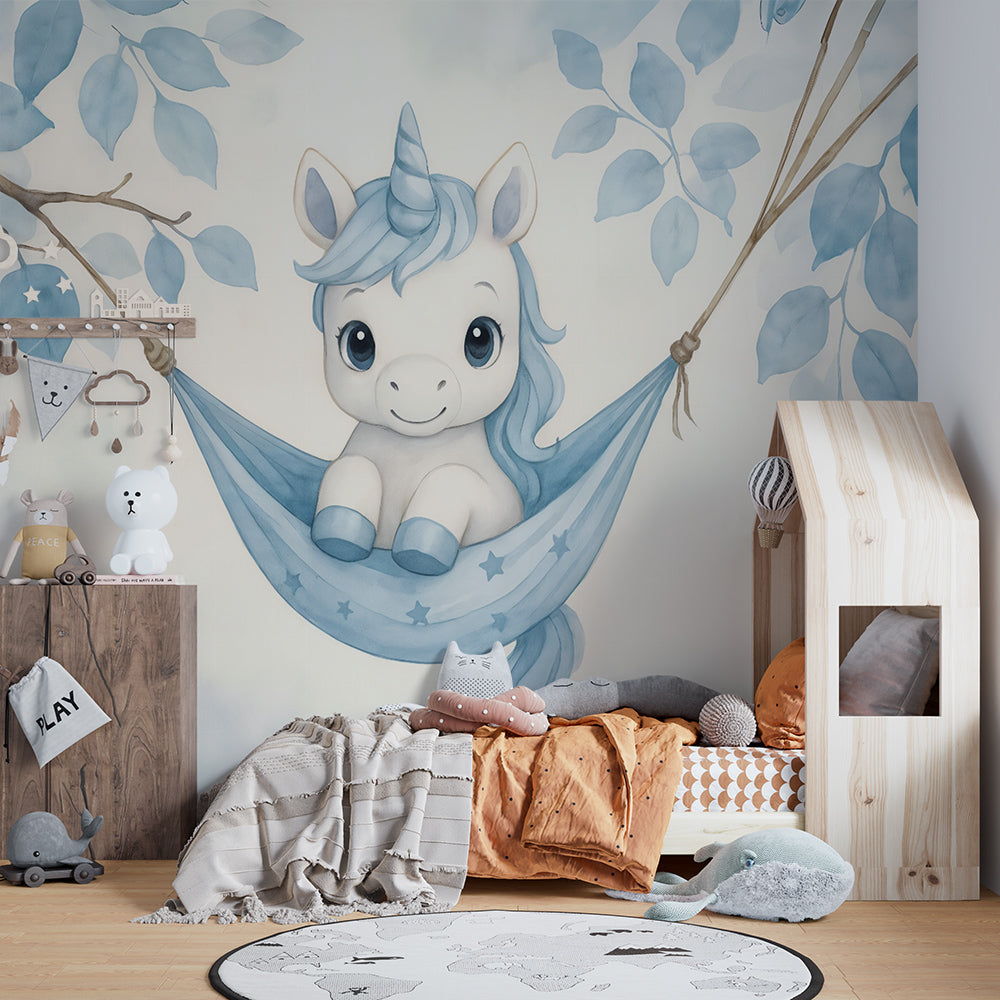Kids-Mundo unicorn hammock wall mural adding dreamy charm to a bright playroom wall.
