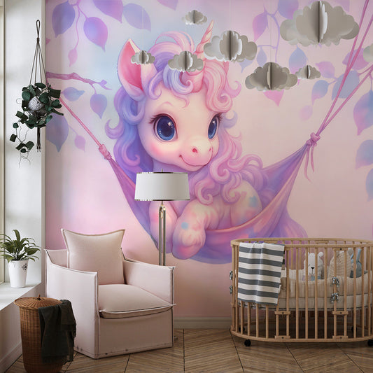 Kids-Mundo pastel unicorn wall mural adding a magical touch to a kids bedroom