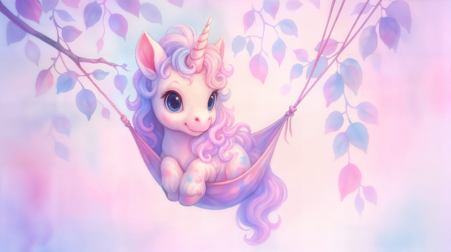 Kids-Mundo flat artwork preview of the baby unicorn hammock wall mural design in pastel tones