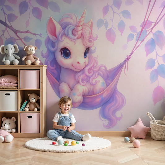 Kids-Mundo baby unicorn hammock wall mural styled as soft, dreamy nursery wallpaper
