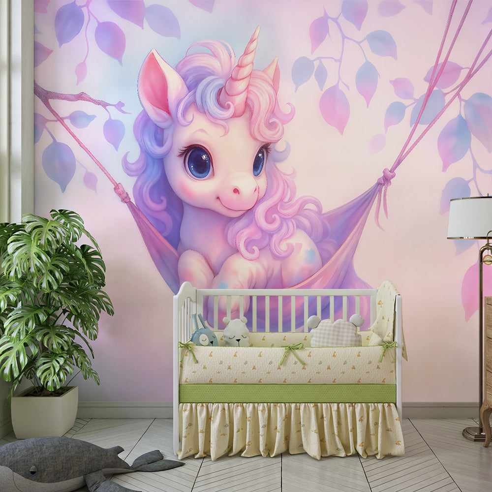 Kids-Mundo unicorn hammock wall mural bringing calm, pastel colour to a playroom