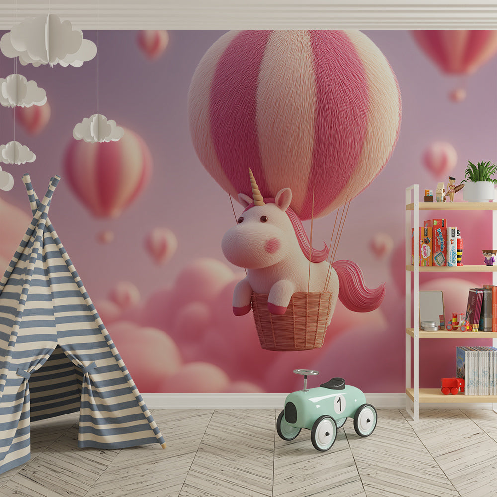 Kids-Mundo fluffy unicorn balloon mural covering a feature wall in a girl's bedroom