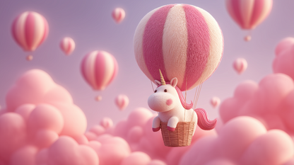 Kids-Mundo flat artwork of the fluffy pink unicorn hot air balloon wall mural design