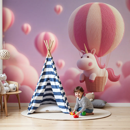Kids-Mundo pink unicorn hot air balloon wall mural styled in a soft baby nursery