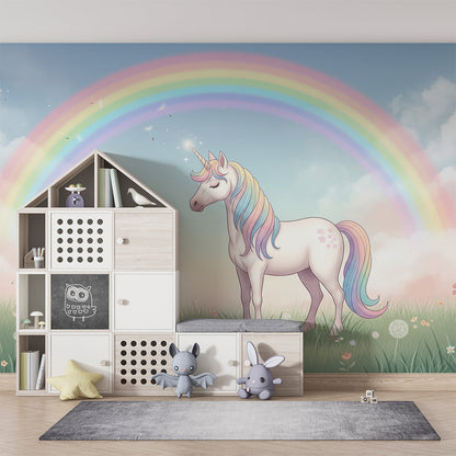 Kids-Mundo unicorn meadow and rainbow wall mural covering a bright playroom feature wall