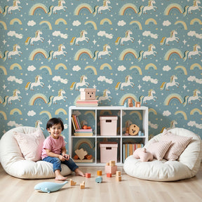 Unicorn mural wallpaper with rainbows decorating a charming kids bedroom by Kids-Mundo