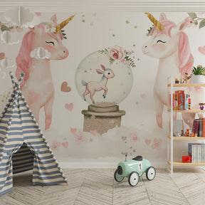Magical unicorn wallpaper creating fairy-tale atmosphere in children's bedroom