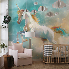 Fairytale unicorn wallpaper transforming children's bedroom with starry pastel sky theme by Kids-Mundo