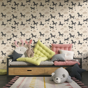 Fairytale unicorn wallpaper creating magical kids bedroom atmosphere with neutral tones