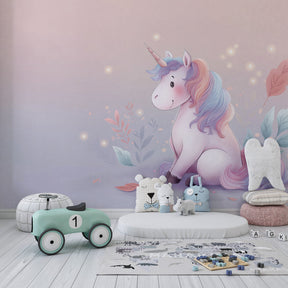 Fantasy unicorn wallpaper transforming kids bedroom into enchanted space with fireflies and leaves