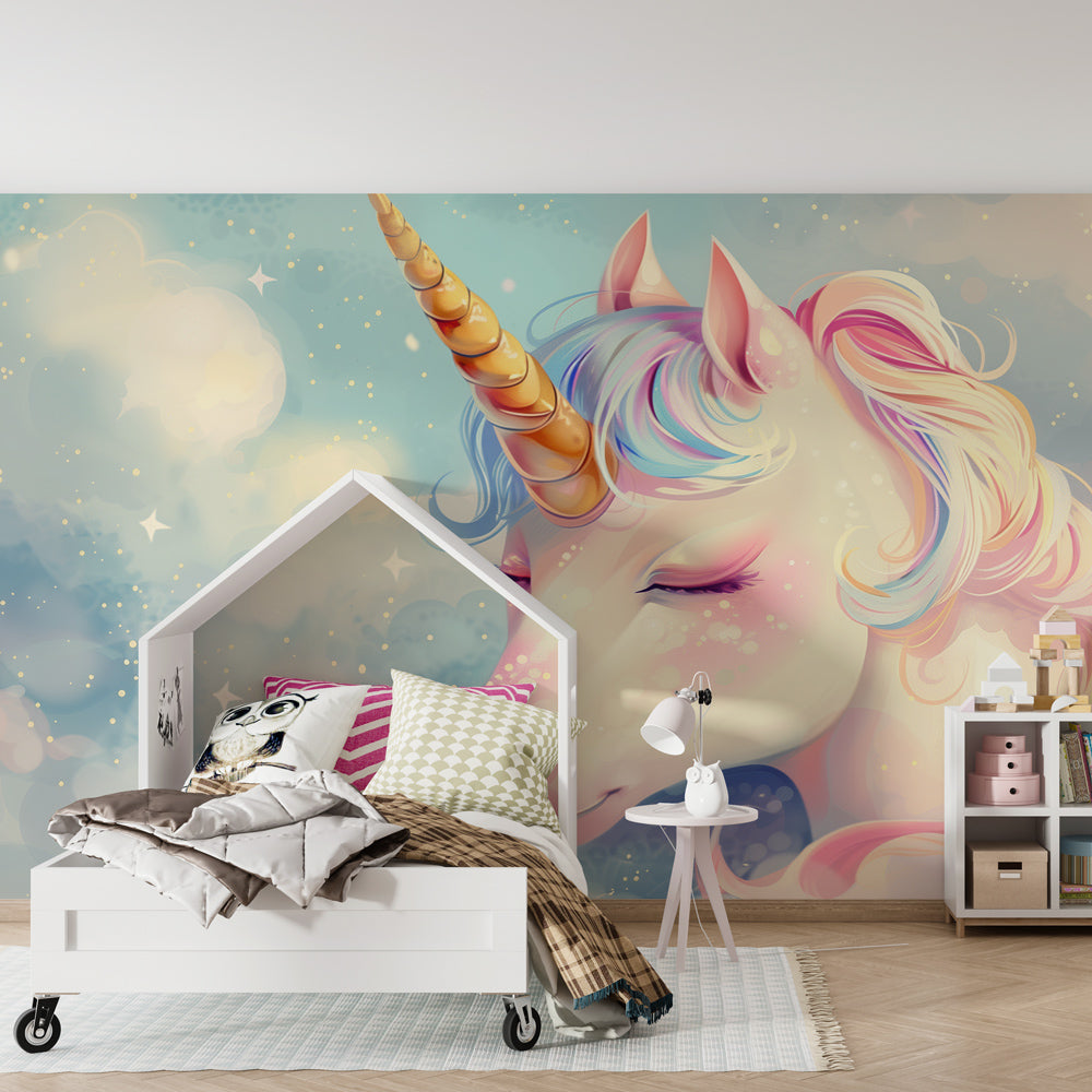 Pastel unicorn wallpaper creating magical kids bedroom atmosphere with celestial theme