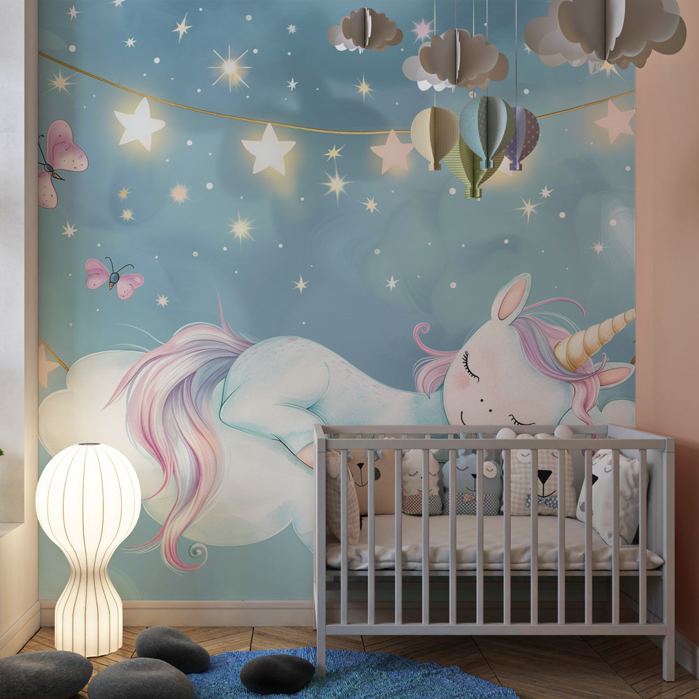 Sleeping unicorn wallpaper with stars and clouds for kids bedroom by Kids-Mundo