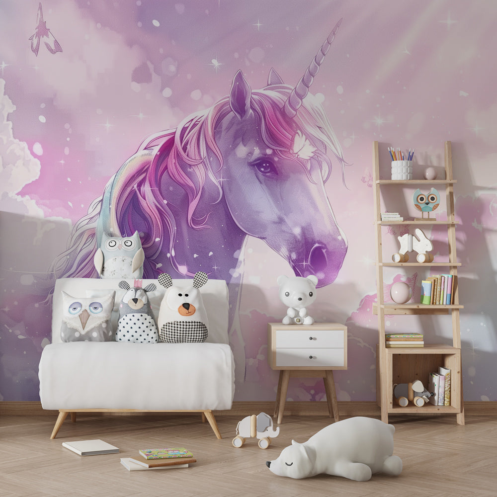 Magical unicorn wallpaper creating fairy-tale atmosphere in children's bedroom