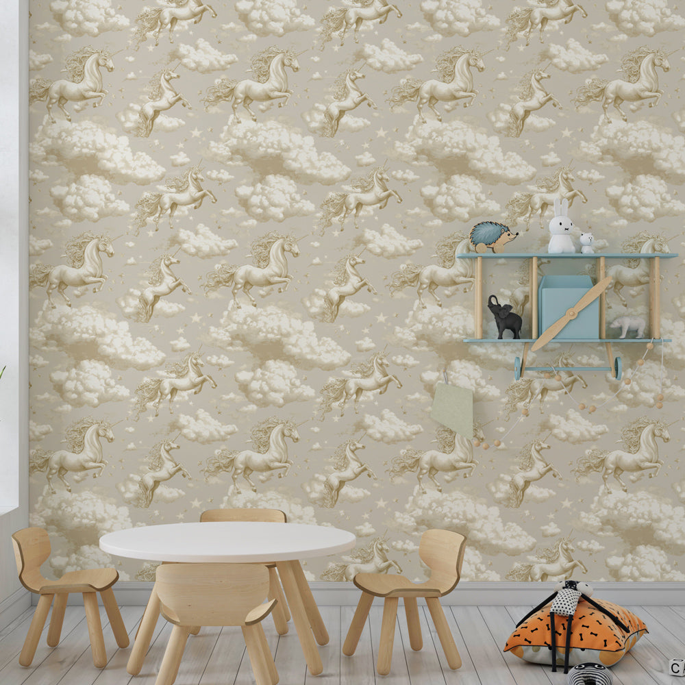 Fairy tale unicorn wallpaper transforming kids bedroom with dreamy cloud design and soft colors