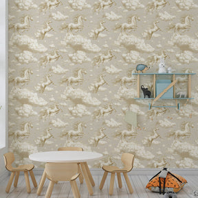 Fairy tale unicorn wallpaper transforming kids bedroom with dreamy cloud design and soft colors