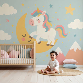 Unicorn moon and stars mural wallpaper in cozy children's bedroom setting by Kids-Mundo