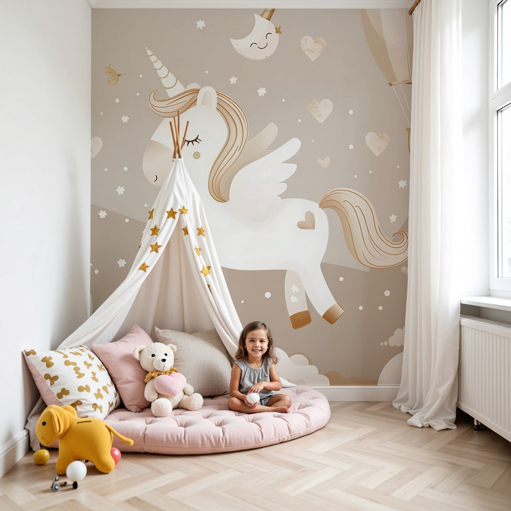 Celestial unicorn mural wallpaper creating magical beige nursery decor with hot air balloons by Kids-Mundo