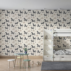 Whimsical unicorn and cloud mural wallpaper transforming children's playroom by Kids-Mundo