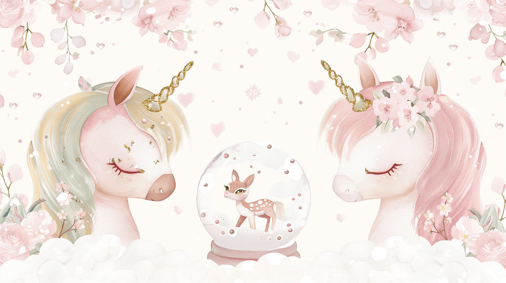 Detailed unicorn mural wallpaper design pattern with golden manes, clouds and botanical elements by Kids-Mundo