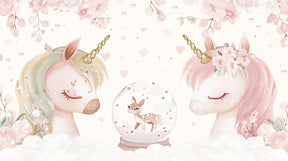 Detailed unicorn mural wallpaper design pattern with golden manes, clouds and botanical elements by Kids-Mundo