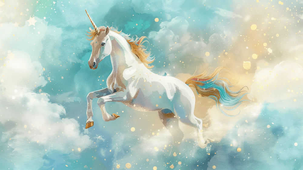 Detailed unicorn mural wallpaper design pattern showing fairytale sky with golden accents by Kids-Mundo