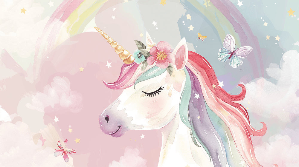 Detailed unicorn and pastel butterflies mural wallpaper design pattern by Kids-Mundo