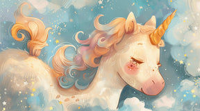 Detailed unicorn mural wallpaper design pattern with starry sky and golden accents by Kids-Mundo
