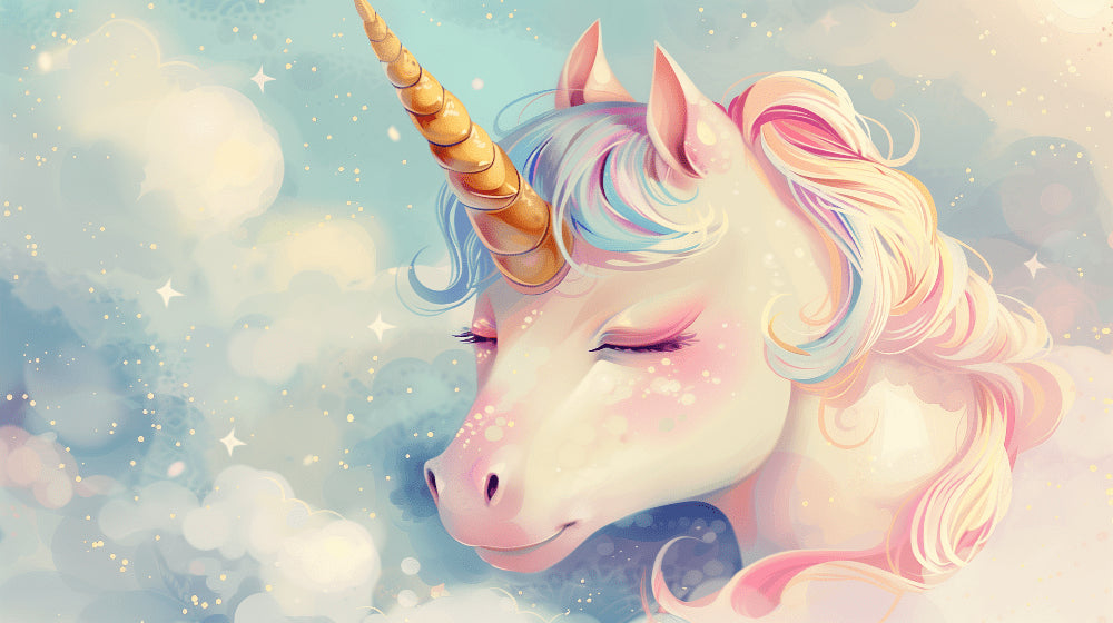 Detailed unicorn mural wallpaper design pattern with pastel clouds and stars by Kids-Mundo