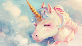 Detailed unicorn mural wallpaper design pattern with pastel clouds and stars by Kids-Mundo