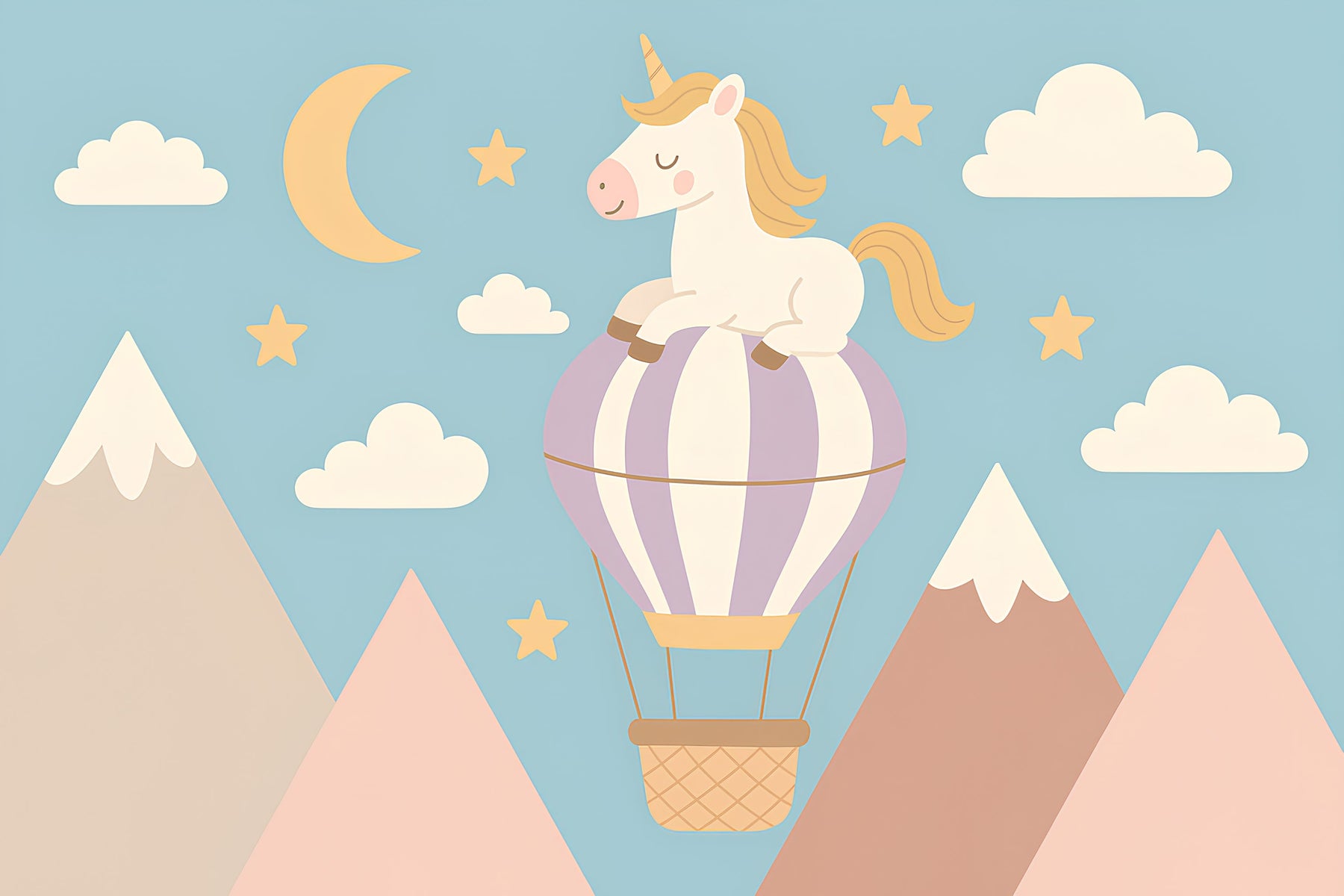Detailed unicorn hot air balloon mural wallpaper design pattern with stars and clouds by Kids-Mundo
