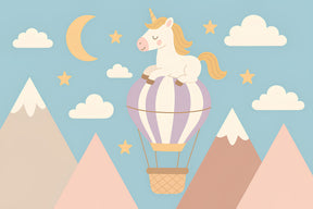 Detailed unicorn hot air balloon mural wallpaper design pattern with stars and clouds by Kids-Mundo
