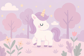 Detailed unicorn fantasy mural wallpaper design pattern with pink trees and stars by Kids-Mundo