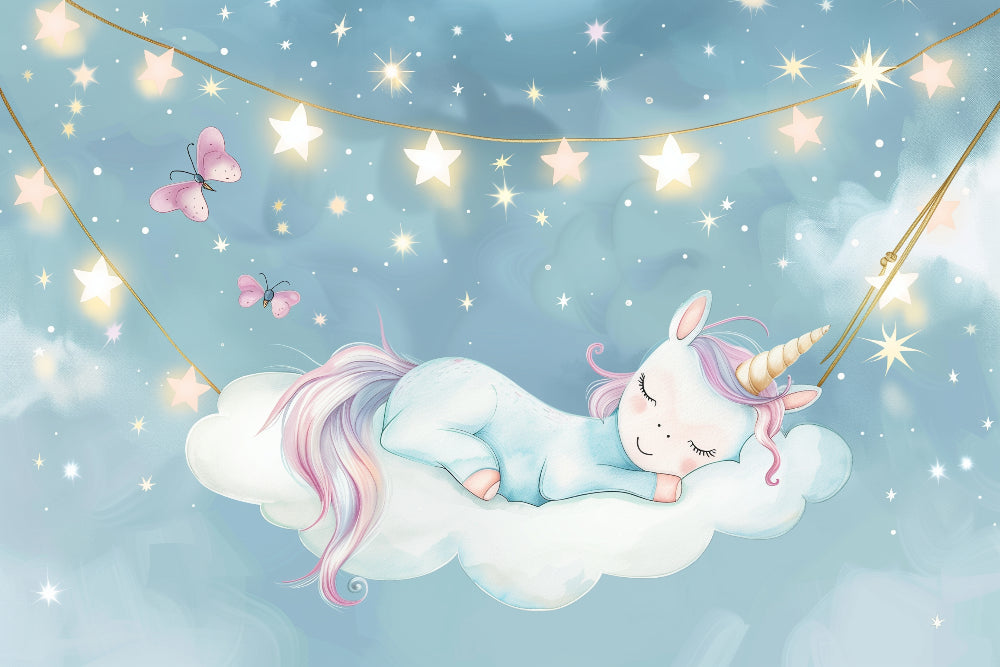 Detailed sleeping unicorn on clouds mural wallpaper design pattern by Kids-Mundo