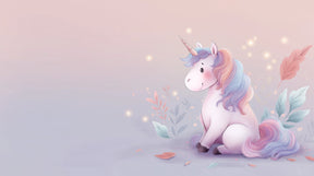 Detailed unicorn mural wallpaper design pattern with pastel mane and floating fireflies by Kids-Mundo