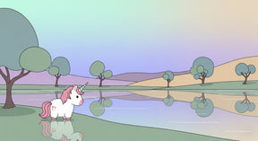 Detailed unicorn lakeside mural wallpaper design pattern with magical elements by Kids-Mundo