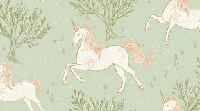 Detailed unicorn and enchanted forest mural wallpaper design pattern with stars and trees by Kids-Mundo