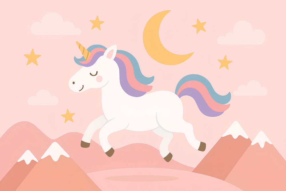 Detailed unicorn mural wallpaper design pattern with starry sky and moon by Kids-Mundo