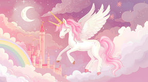 Detailed unicorn and castle mural wallpaper design pattern with pink clouds by Kids-Mundo