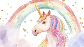 Detailed unicorn rainbow mural wallpaper design pattern with golden stars by Kids-Mundo
