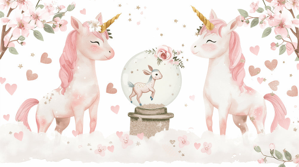 Detailed unicorn and cherry blossom mural wallpaper design pattern by Kids-Mundo