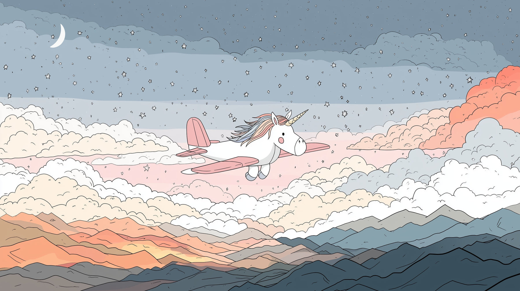 Detailed unicorn flying through clouds mural wallpaper design pattern by Kids-Mundo