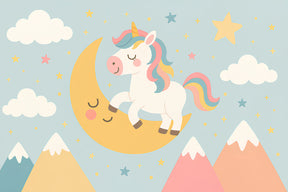 Detailed unicorn on moon mural wallpaper design pattern with stars and clouds by Kids-Mundo